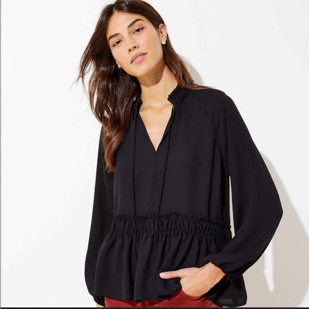 LOFT Black Tie Neck Blouse